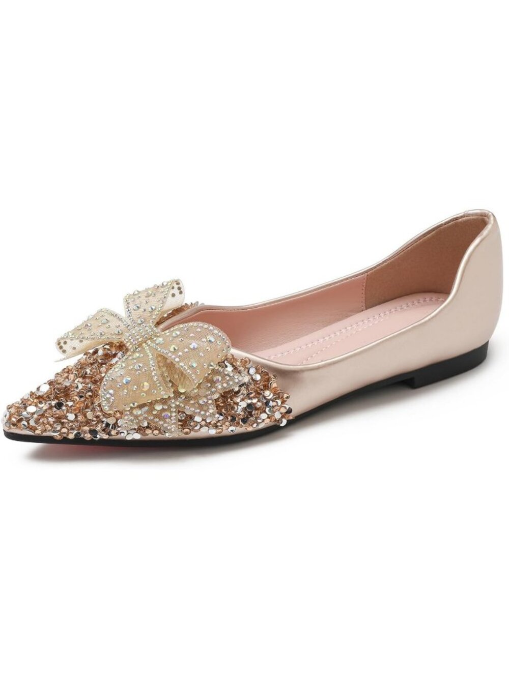 Women's Rhinestone Wedding Gold Flats Comfort Pointed Toe Ballet Flat Shoes - Picture 3 of 7